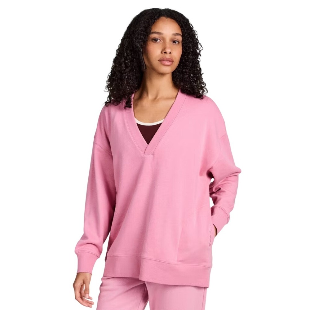 Champion Women's Pink Loose Fit V-Neck French Terry Pullover Sweatshirt Size S